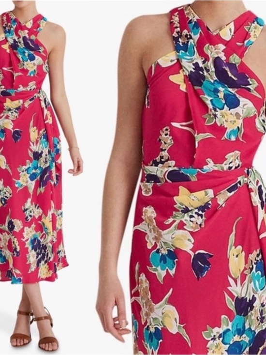 Ralph Lauren Dresses & Skirts - Ralph Lauren Bright Fuchsia Floral Cross-Neck Midi Dress